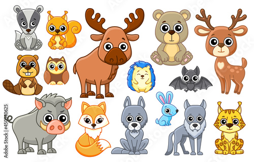 Set of cute animals isolated on a white background. Zoo and forest animals