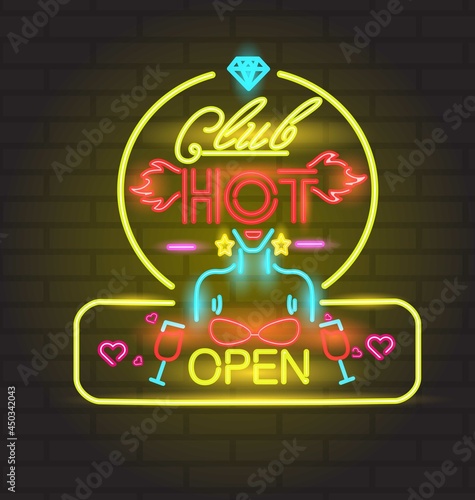 Glowing Neon Sign For A Club Or Bar. Text Neon Sign