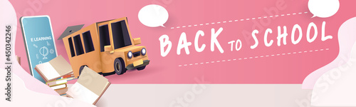 back to school colorful podium with school bus yellow and book elearning vector illustation 
