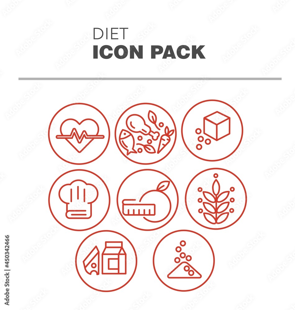 Diet Icon Pack, 6 Orange Icons. Diet and Food Linear Icons Set