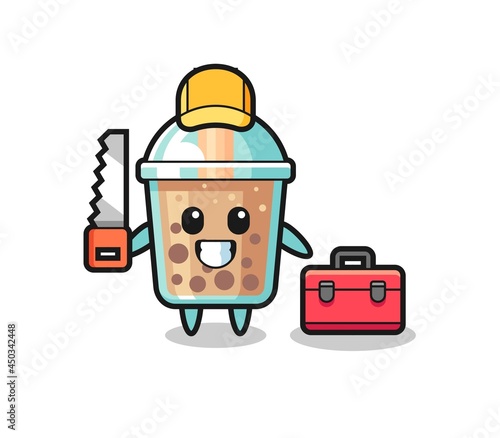 Illustration of bubble tea character as a woodworker