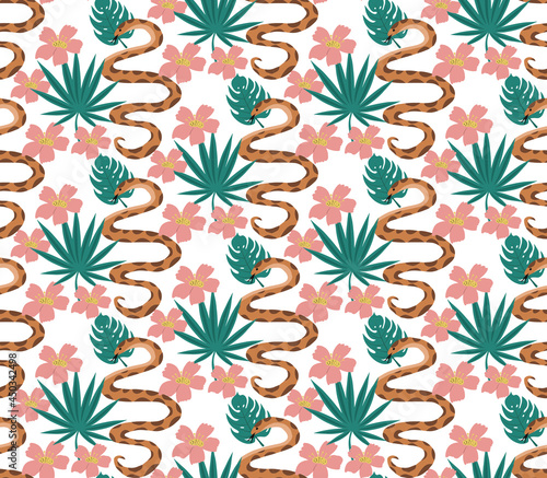 Beautiful seamless pattern with python and tropical leaves. flowers print with hand drawn exotic plants and snake. Vector illustration