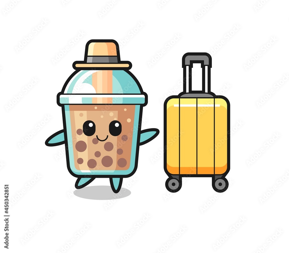 bubble tea cartoon illustration with luggage on vacation bubble tea cartoon illustration with luggage on vacation