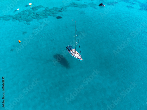 Yacht in blue lagoon mediterranean sea Cyprus aerial view, sea view landscape