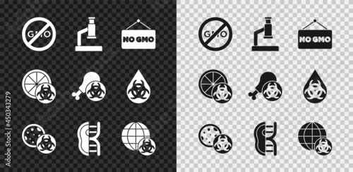 Set No GMO, Microscope, Genetically modified meat, orange and Gmo research chicken icon. Vector