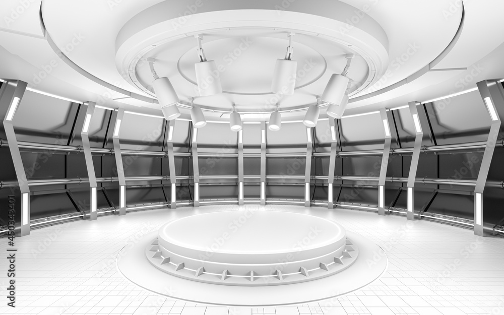 Indoor stage with white empty room, 3d rendering. - obrazy, fototapety, plakaty 