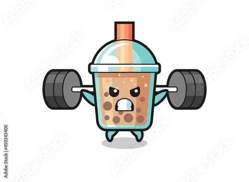 bubble tea mascot cartoon with a barbell