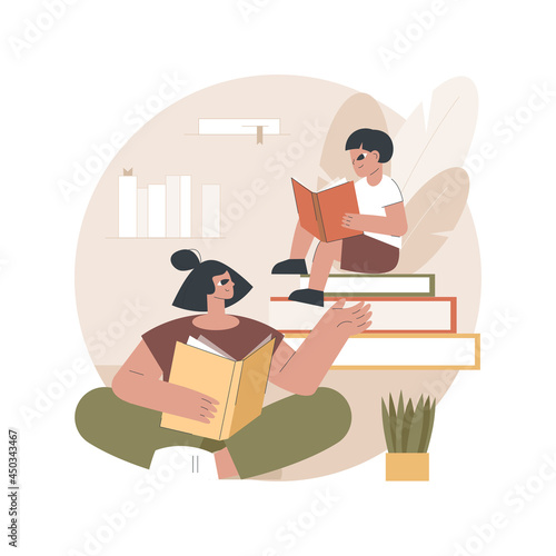 Read a book abstract concept vector illustration. Spend time in self-isolation, reading habits, fictional world, home library, read with children, download e-book free online abstract metaphor.