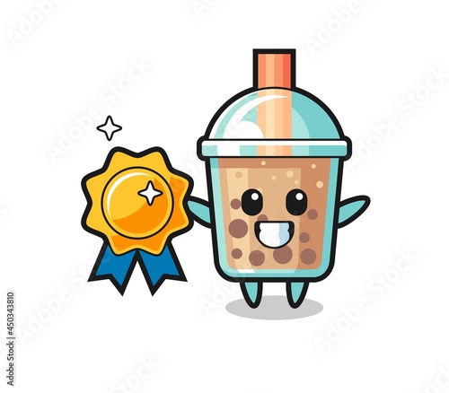 bubble tea mascot illustration holding a golden badge