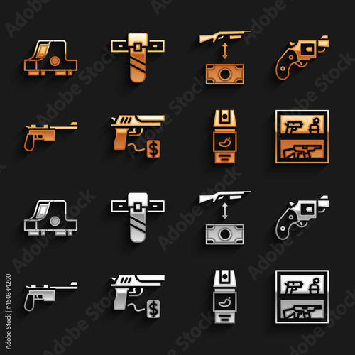 Set Buying gun pistol, Small revolver, Hunting shop weapon, Pepper spray, Mauser, assault rifle, Collimator sight and Knife holster icon. Vector