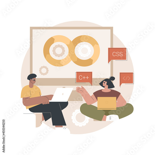 DevOps team abstract concept vector illustration. Software development team member, agile workflow, DevOps team model, IT teamwork, project management, integrated practice abstract metaphor.