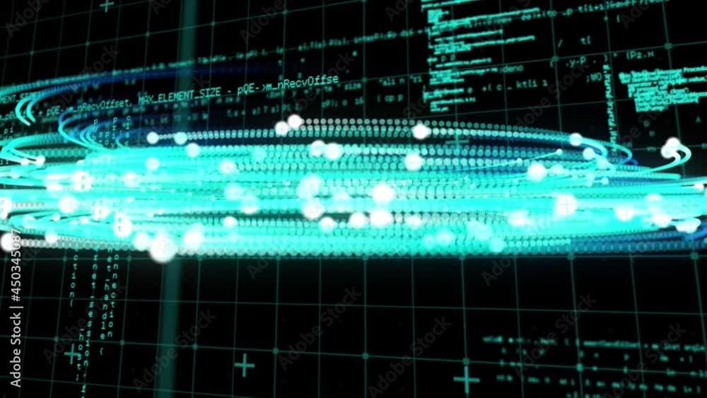 Animation of glowing blue network of light and data processing on black background Animation of glowing blue network of light and data processing on black background