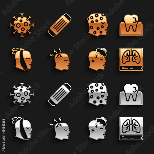 Set Man having headache, Tooth with caries, Lungs x-ray, High human body temperature, Toothache, Psoriasis or eczema rash, Virus and Medical protective mask icon. Vector