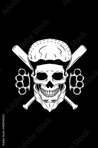 Skull with hat with baseball bat and knuckle