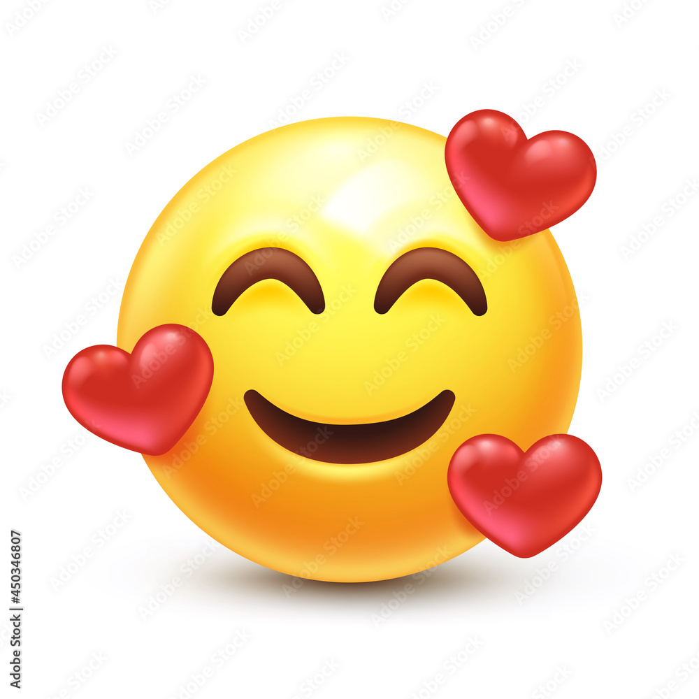 In love emoji. Smiling emoticon with three hearts 3D stylized ...