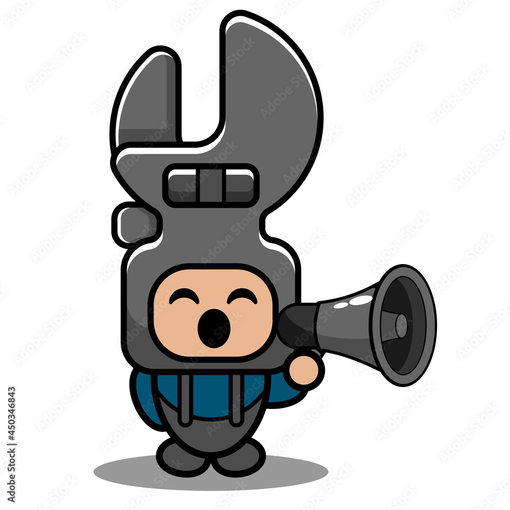 vector cartoon character doodle spanner cute mascot costume mechanic tool holding megaphone vector cartoon character doodle spanner cute mascot costume mechanic tool holding megaphone