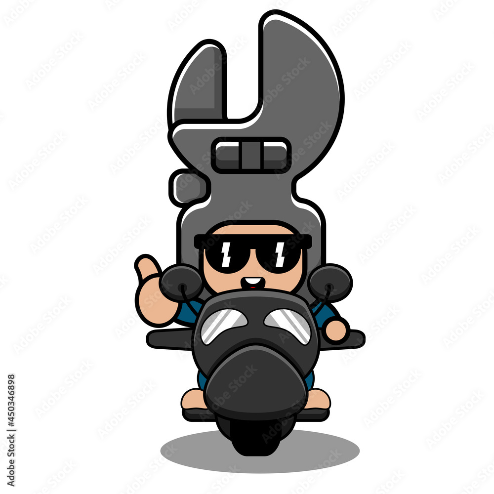 vector cartoon character doodle spanner mechanical tool funny mascot costume riding a motorcycle vector cartoon character doodle spanner mechanical tool funny mascot costume riding a motorcycle