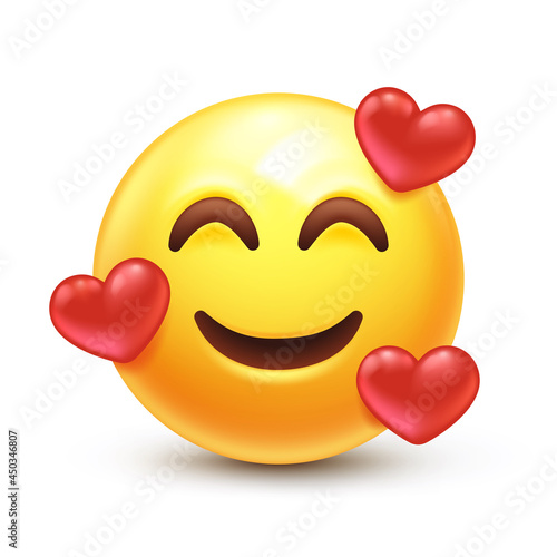 In love emoji. Smiling emoticon with three hearts 3D stylized vector icon