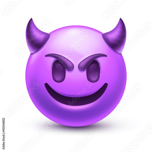 Evil devil emoji. Happy purple emoticon with devil horns, gloating demon 3D stylized vector icon