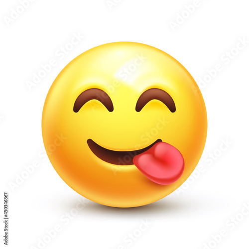 Yummy emoji. Smiling emoticon licking lips, savouring food 3D stylized vector icon