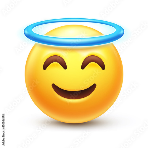 Angel emoji. Holy emoticon with nimbus, happy yellow face with halo overhead 3D stylized vector icon
