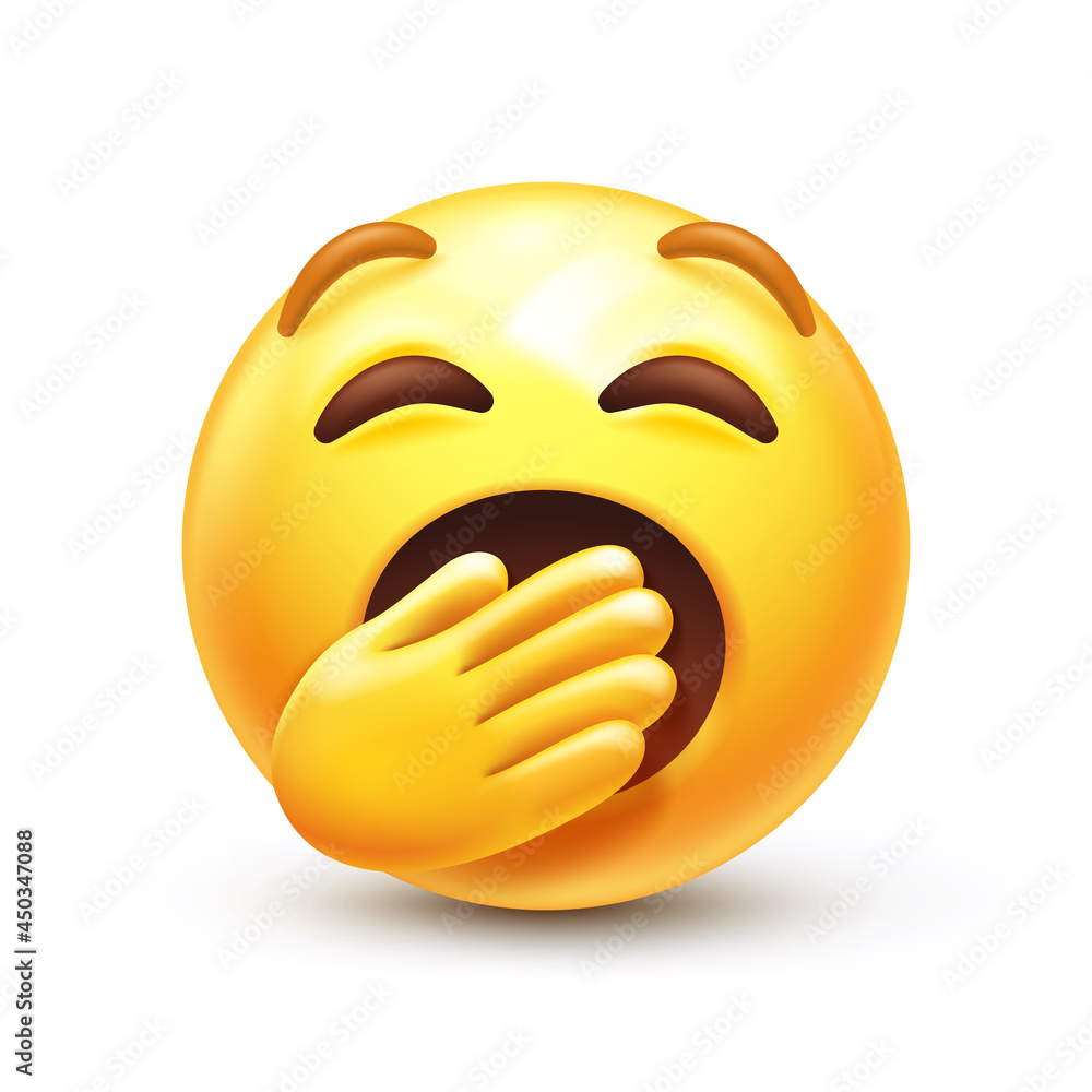 Yawning emoji. Bored or sleepy emoticon, yellow boredom face with mouth  covered by hand 3D stylized vector icon Stock Vector | Adobe Stock