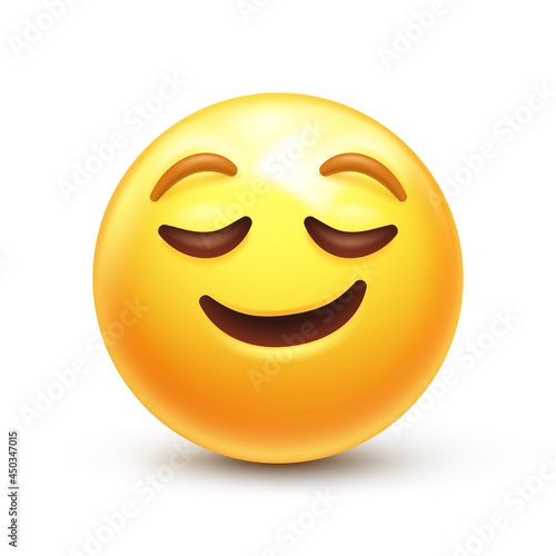 Calm emoji. Relieved emoticon, peaceful face with closed eyes and happy smile 3D stylized vector icon