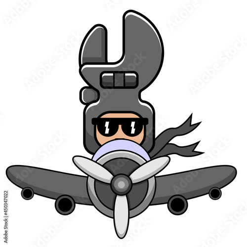 vector cartoon character doodle spanner mechanical tool cute mascot costume riding a plane