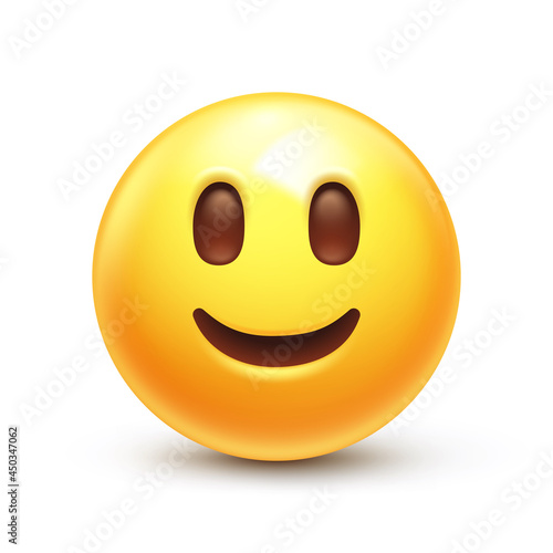 Slightly smiling emoji. Friendly emoticon, happy yellow face with simple closed smile 3D stylized vector icon