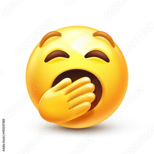 Yawning emoji. Bored or sleepy emoticon, yellow boredom face with mouth covered by hand 3D stylized vector icon