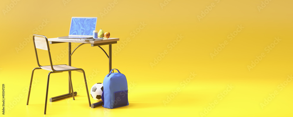 Back to school concept. School desk with modern school accessories and backpack. 3D rendering. Education concept.