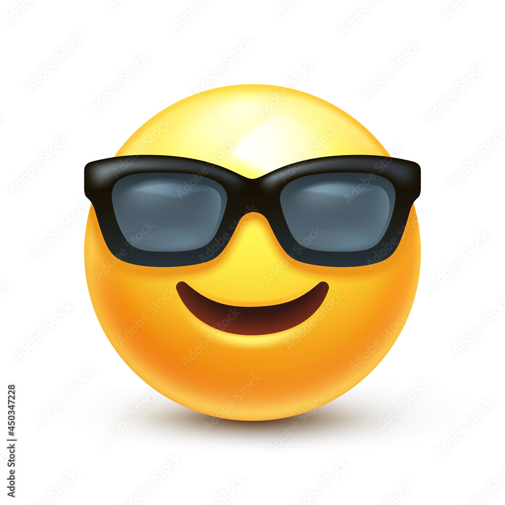 Cool emoticon. Smiling face with sunglasses emoji. Happy smile person wearing dark glasses 3D stylized vector icon