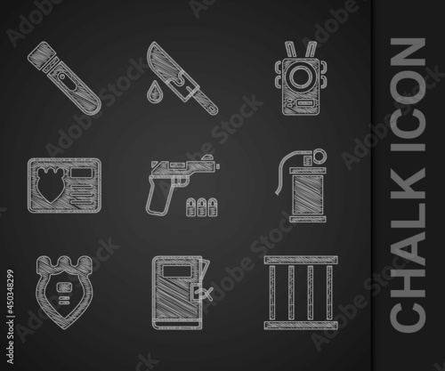 Set Pistol or gun, Police station folder, Prison window, Hand smoke grenade, badge, with id case, body camera and Flashlight icon. Vector