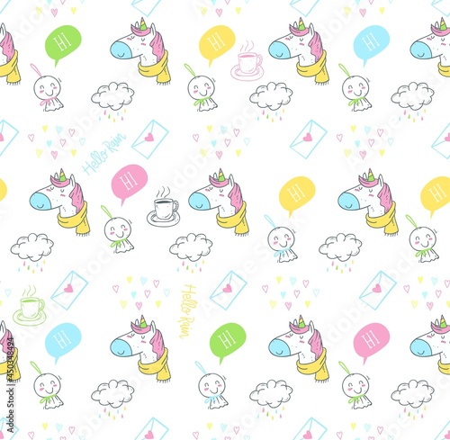 doodle rain and unicorn pattern