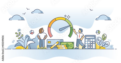 Credit report and financial reliability score for money loan outline concept. Rating with economical information and payment performance for banks vector illustration. Company or individual solvency.