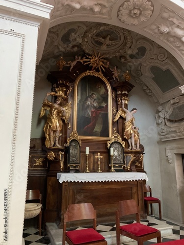 Stainz, Austria, June 23, 2021. Stainz Castle in the Austrian state of Styria. Today the Baroque complex belongs to the Counts of Merano. The interior of the church of the former monastery