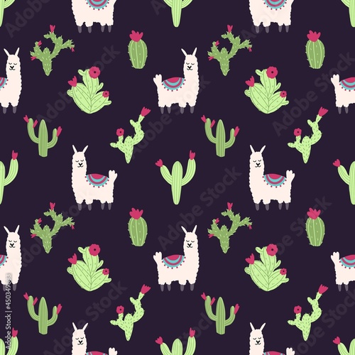 Lama alpaca seamless pattern with cactus. Vector illustration of nursery characters in cartoon hand drawn doodle childish style for baby apparel, textile and product design, wallpaper, wrapping paper