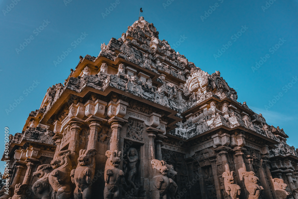 Beautiful Pallava architecture and exclusive sculptures at The Kanchipuram Kailasanathar temple, Oldest Hindu temple in Kanchipuram, Tamil Nadu - One of the best archeological sites in South India