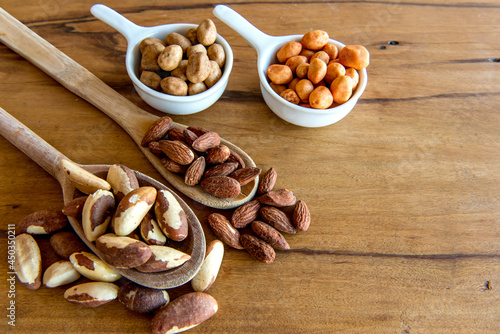 Healthy snack, beans, pistachios, Brazil nuts, chickpeas, peanuts and almonds.