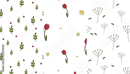 red tulip green leaves brown branch seamless pattern