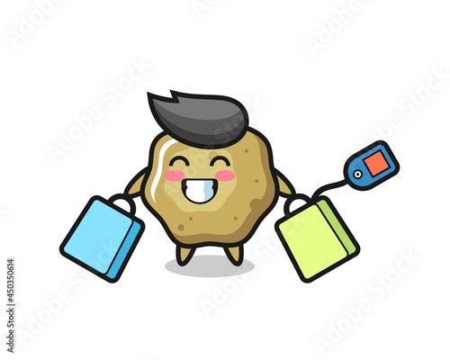 loose stools mascot cartoon holding a shopping bag