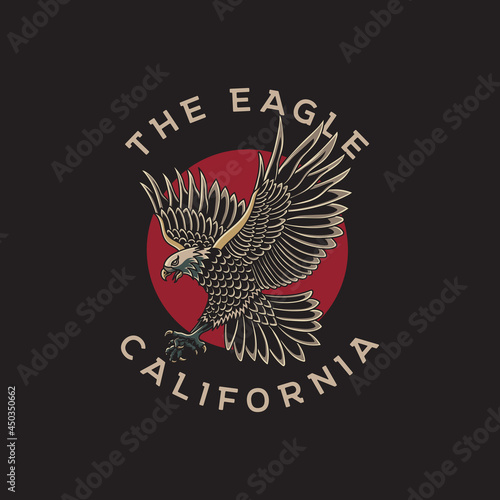 Illustration of eagle and red circle with traditional tattoo style