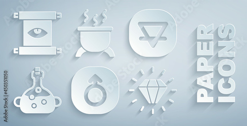 Set Mars, Earth element, Poison in bottle, Diamond, Witch cauldron and Ancient magic scroll icon. Vector