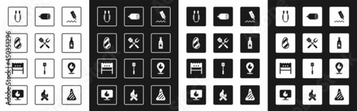 Set Sauce bottle, Crossed fork and spatula, Steak meat, Meat tongs, Tabasco sauce, Salami sausage, Location with fire flame and BBQ brazier icon. Vector