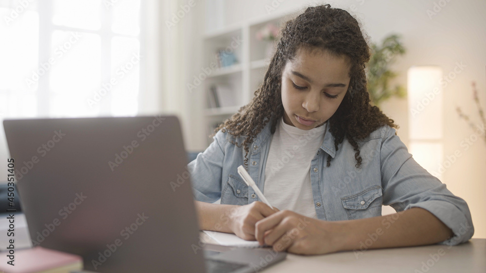 Teen with afro hair doing homework on laptop, making notes, distance learning Teen with afro hair doing homework on laptop, making notes, distance learning