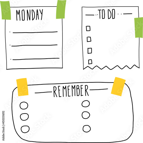Cute bullet journal sketchy drawing of memory pads, to do list. Blank text templates in doodle style.
