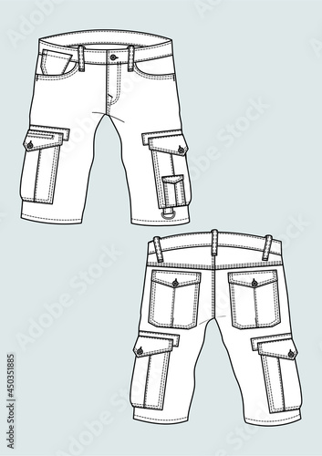 Bermuda cargo uomo disegno piatto sketch fashion illustration fronte e retro mock up vettoriale