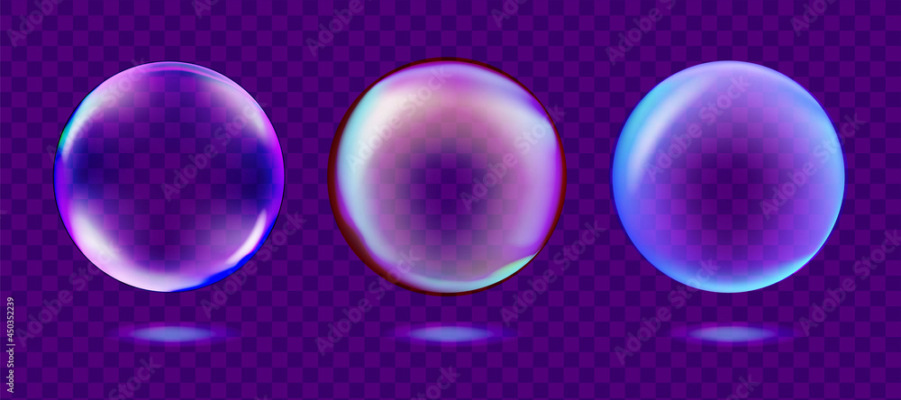 Soap Bubble Set in Realistic Style isolated on Purple Transparent Background. Vector.