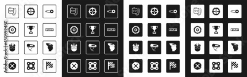 Set Bicycle chain with gear, Award cup bicycle, cassette, Stopwatch, Ribbon finishing line, sprocket crank, helmet and icon. Vector