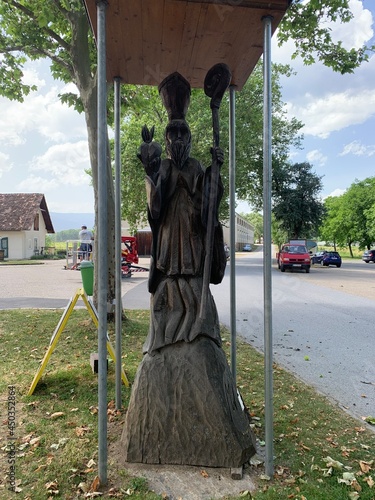 Stainz, Austria, June 23, 2021. Stainz Castle in the Austrian state of Styria. Today the Baroque complex belongs to the Counts of Merano. Wooden statue of St. Nicholas 